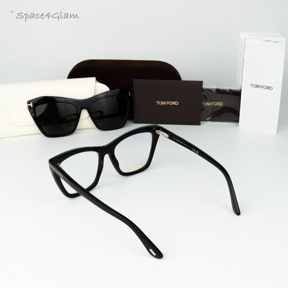 Tom Ford Woman Sunglasses Black Blue Block Clip-On Grey Cat Eye FT5971-B 014 NEW - Picture 13 of 14